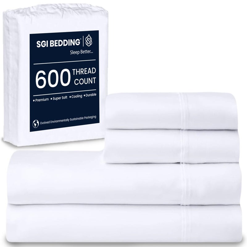 SGI bedding 100% Egyptian Cotton Sheets Full XL Size â€“ 600 Thread Count Sheets Set, Soft, Cooling, 16" Deep Pocket, Luxury Hotel Bedding, Breathable, Durable - White - Image 1